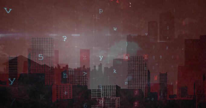 Animation of cyber crime and numbers over cityscape