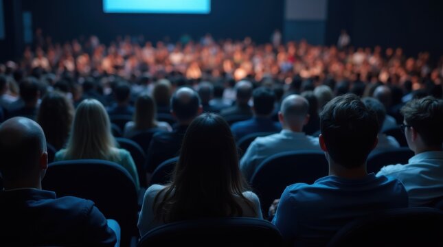 Audience members watching a presentation lecture or other event from their seats 
