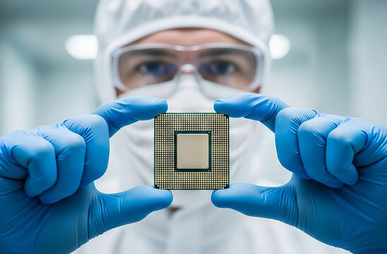 Male hand in glove holding computer chip for concept of science, technology, engineering, semiconductor manufacturing and future innovation