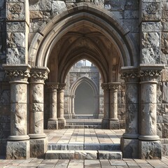 Obraz premium Stone archways and pillars frame a deep perspective leading to similar structures in the distance