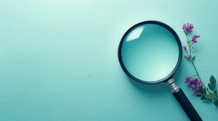 Magnifying glass rests on teal background suggesting research, discovery, Investigation of information question detail concept with optical strategy driving education cognition growth