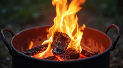 Open flame in a metal brazier, highlighting maintenance for outdoor heating, Earth Day 
