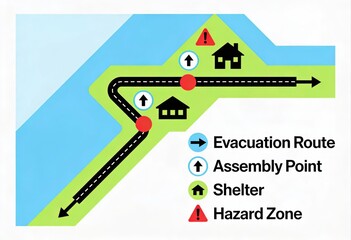 Emergency evacuation map showcasing routes assembly points and hazards for community preparedness and disaster response planning in urban environments
