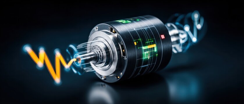 Futuristic quantum electric motor with glowing orange signal wave and digital graph overlay. High precision sensor, energy generator, and future technology concept