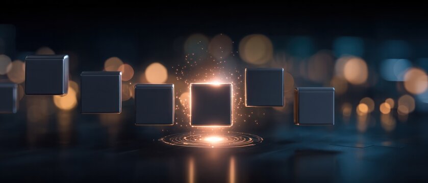 Abstract row of floating metal cubes with one glowing active block in the center. Quantum data selection, blockchain validation process, and digital highlighting concept