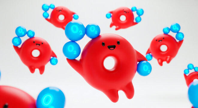 Cute cartoon red blood cells carrying oxygen molecules in a playful 3D animation style