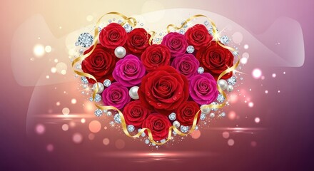 Heart Shaped Bouquet of Red Roses with Pearls