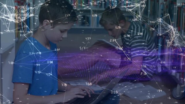 Animation of network of connections over caucasian schoolboys in library