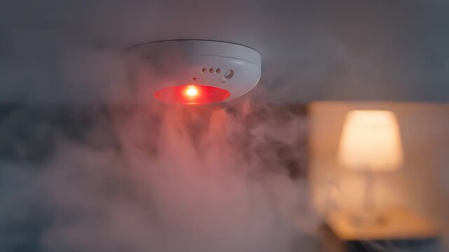 Ceiling mounted white smoke detector alarm illuminates with a bright red warning light while detecting heavy smoke in a dimly lit interior space.