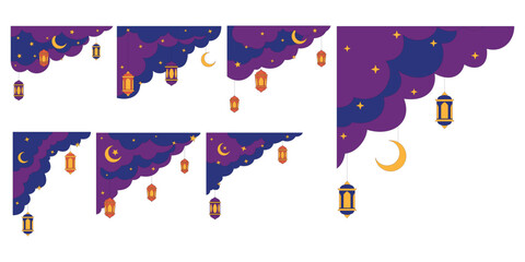 Set of ramadan night sky frame corner with stars and lantern. Eid mubarak islamic frame border illustration. Vector isolated. © Maya