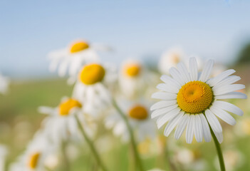 Fototapeta premium Close up of white daisy flowers with yellow centers in a field