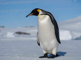 Obraz premium Emperor penguin standing on ice under blue sky bird