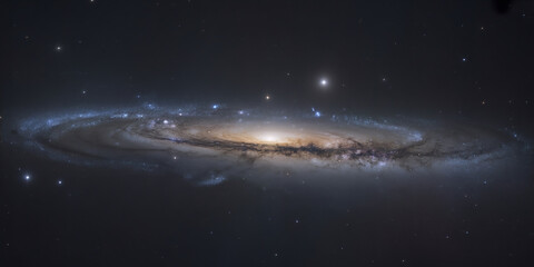 Obraz premium Spiral galaxy with bright central bulge and blue star clusters