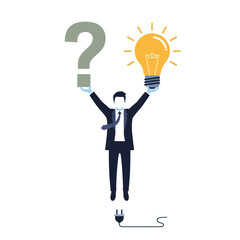 Man in Suit Holding Question Mark and Light Bulb.