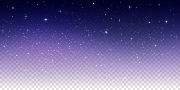 Night sky background with shiny glitter of stars. Light purple outer space. Dark magic universe with transparent effect. Abstract cosmic gradient galaxy with sparkles and golden particles