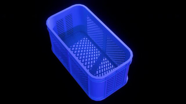 Rectangular blue plastic milk crate rotating 360 degrees, industrial mesh storage basket  with beautiful light and shadow pattern - created by 3D render ProRes 4444 Alpha seamless loop animation.
