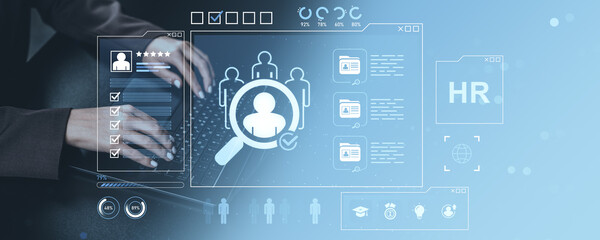 Human resources digital interface with job search and recruitment concept on abstract blue background showing vacancy selection process by HR professional.