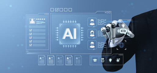 Artificial intelligence concept with robotic hand analyzing digital resumes and user profiles on futuristic interface background for recruitment process.