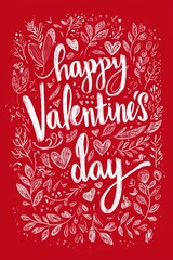 Naklejka premium Happy Valentine's Day calligraphy lettering on red background. Calligraphy Happy Valentine's Day lettering on a red background with hearts and leaves