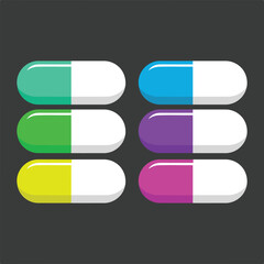Set of colorful capsule pills flat vector illustration for medical and pharmaceutical concepts isolated on dark background