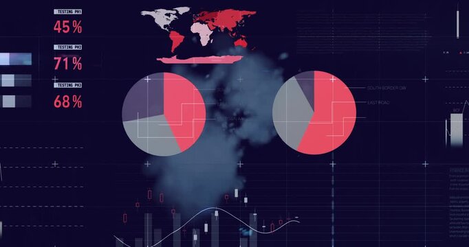 Animation of multicolored infographic interface over smoke against blue background