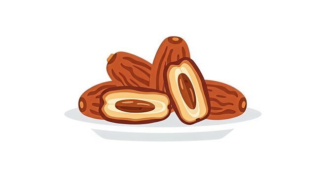 Flat vector illustration of dried date fruits on a plate, healthy snacks for Ramadan.
