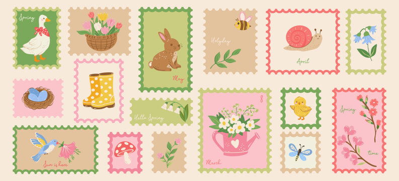 Hand drawn post stamps spring cute elements doodle sketch art. Holiday stickers for poster, placard or postcard prints. Vector flat illustration.
