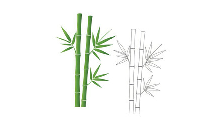 Obraz premium Fresh Green Bamboo Stalks with Leaves and Minimalist Outline Drawing Isolated on Clean White