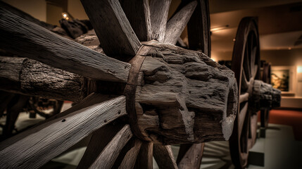 oxcart. A weathered wooden oxcart wheel displayed in museum lighting, showing wood grain. real-estate listings, architecture portfolios, designed for interior renovation comparisons for interiors.