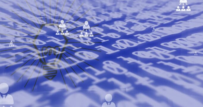 Animation of use icons, binary code, bulb and blue background