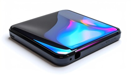 Sleek, folded smartphone, displaying colorful screen, set against a bright white background