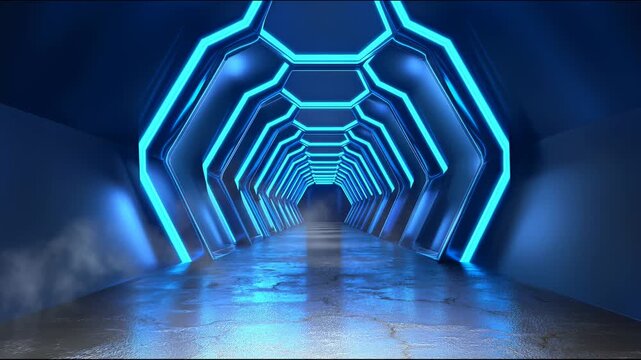 Futuristic tunnel with blue neon lighting in the shape of hexagonal arches and a textured reflective floor with light smoke