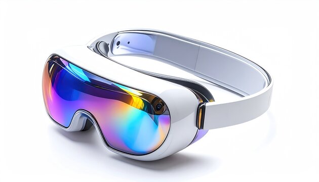 Sleek VR headset with reflective lenses, bright white frame, isolated on white