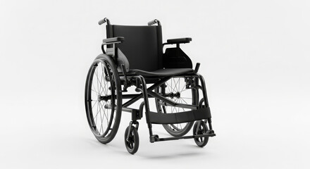 Fototapeta premium Modern Black Wheelchair Empty Standing Against Clean White Background