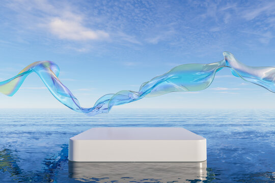 Minimal white podium by the sea with flowing translucent ribbon