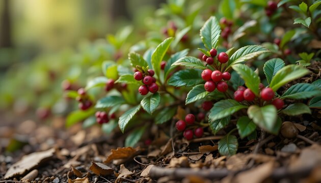 Wintergreen plant with bright red berries nestled among forest foliage. american bearberry