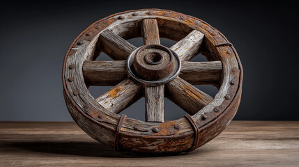Obraz premium oxcart. A weathered wooden oxcart wheel displayed in museum lighting, showing wood grain. real-estate listings, architecture portfolios, designed for interior renovation comparisons for interiors.
