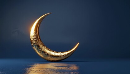 Glowing matte gold crescent moon with intricate patterns on a deep navy background