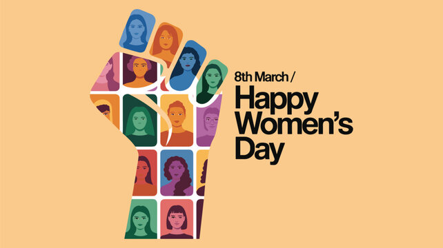Women&rsquo;s Day illustration, raised fist with diverse female portraits, peach background, empowerment vector art, March 8 celebration design