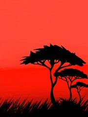 African Savanna Sunset Landscape with Acacia Trees Silhouette