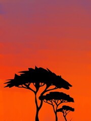 African Savanna Sunset Landscape with Acacia Trees Silhouette