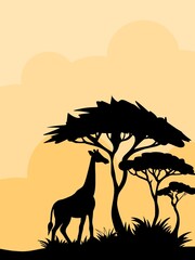 African Savanna Sunset Landscape with Acacia Trees Silhouette