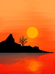 Dead Tree Silhouette with Big Red Sun, Drought or Sunset Landscape