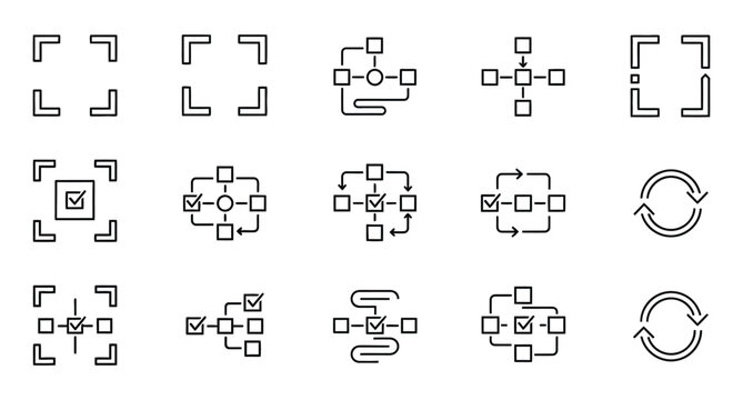 Set of process management icons, such as target, focus, system, block and more