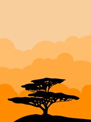 African Savanna Sunset Landscape with Acacia Trees Silhouette