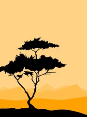 African Savanna Sunset Landscape with Acacia Trees Silhouette