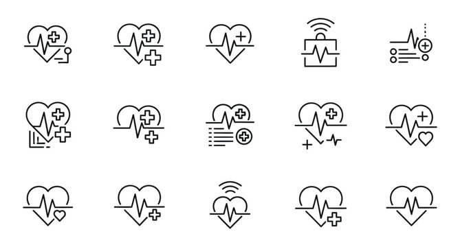 Medical heart rate line icons set for healthcare monitoring and cardiology data analysis