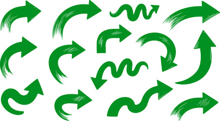 Obraz premium Various Bold Brush Drawn Curved Arrows Collection Doodle Marker Thick Arrows In Different Directions Hand Drawn Vector Direction Pointers