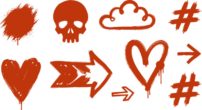Graffiti Bold Brush Drawn Shape Set Hand Drawn Punk Stickers Cloud And Hashtag Symbols Grunge Rock Skull Heart And Arrow Shapes