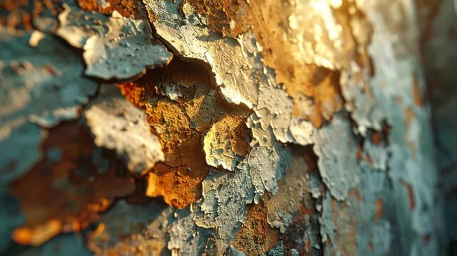 Close up of weathered metal surface with peeling paint and rust details